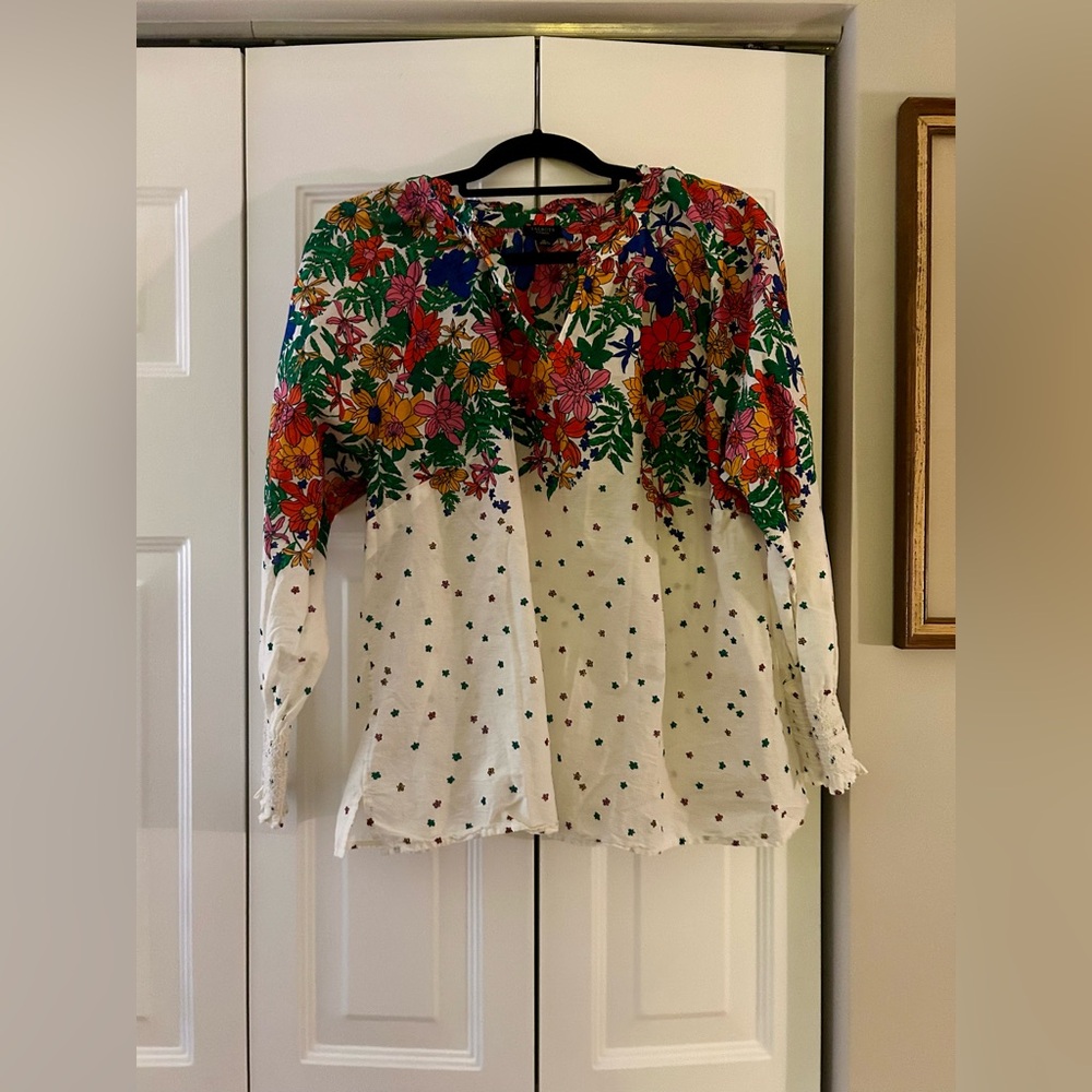 Talbots Plus Petite Women’s Sz 1XP Cottagecore White & Floral Long Sleeve Blouse